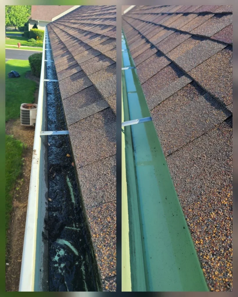 A photo of a gutter before and after cleaning